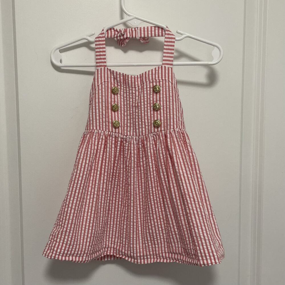 Janie And Jack Nautical Seersucker Smocked Striped Halter Sundress Size 3-6M - Picture 1 of 10